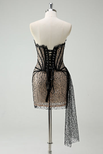 Sparkly Strapless Sequin Little Black Dress with Streamer